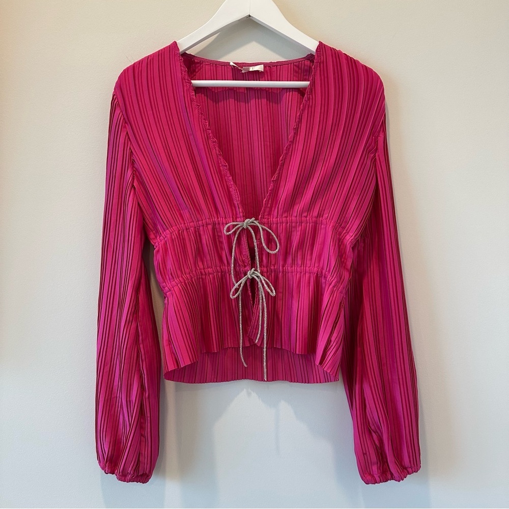 WAYF Payton Pink Tie Front Top Long Sleeve Blouse Women's Cardigan Rhinestone - Picture 2 of 16